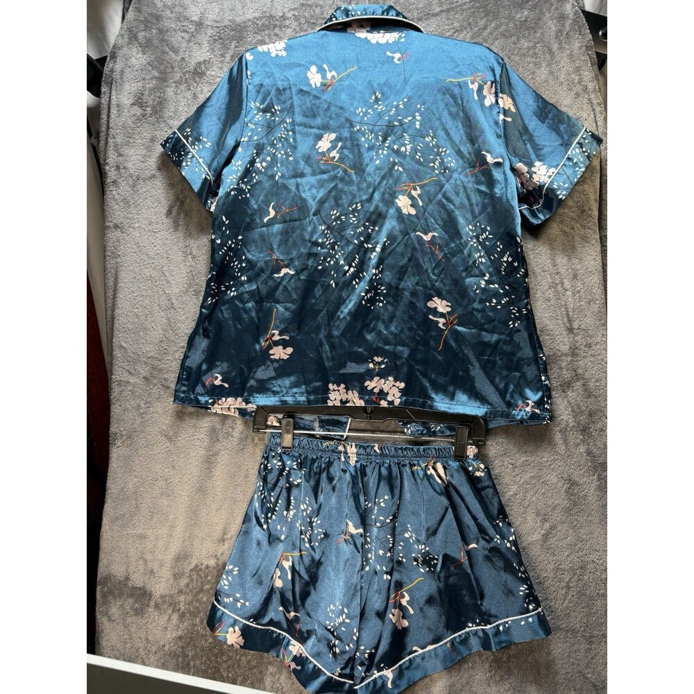 Blue Satin Floral Pajama Set Collared Button Front Piping Short Sleeve - L - Picture 6 of 10